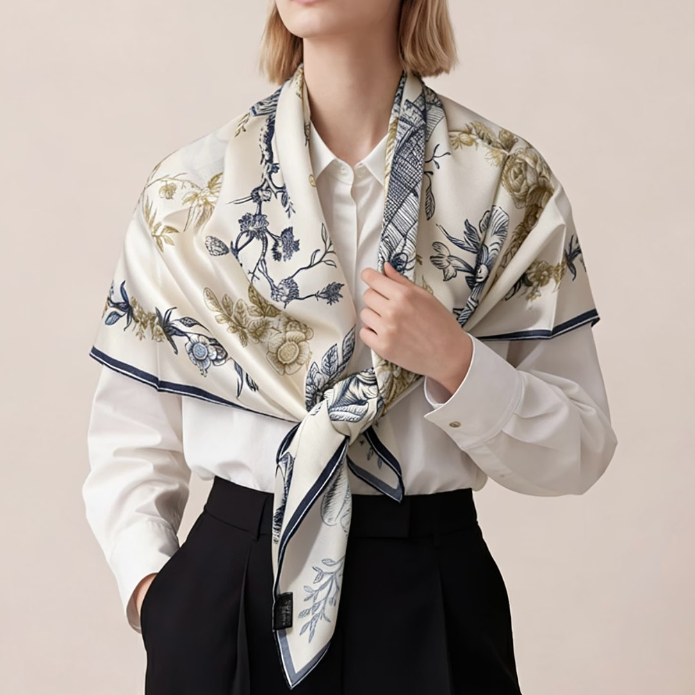 [BYSIFA] Blue White 100% Silk  - đánh giá và giá Shawl Wrap Winter